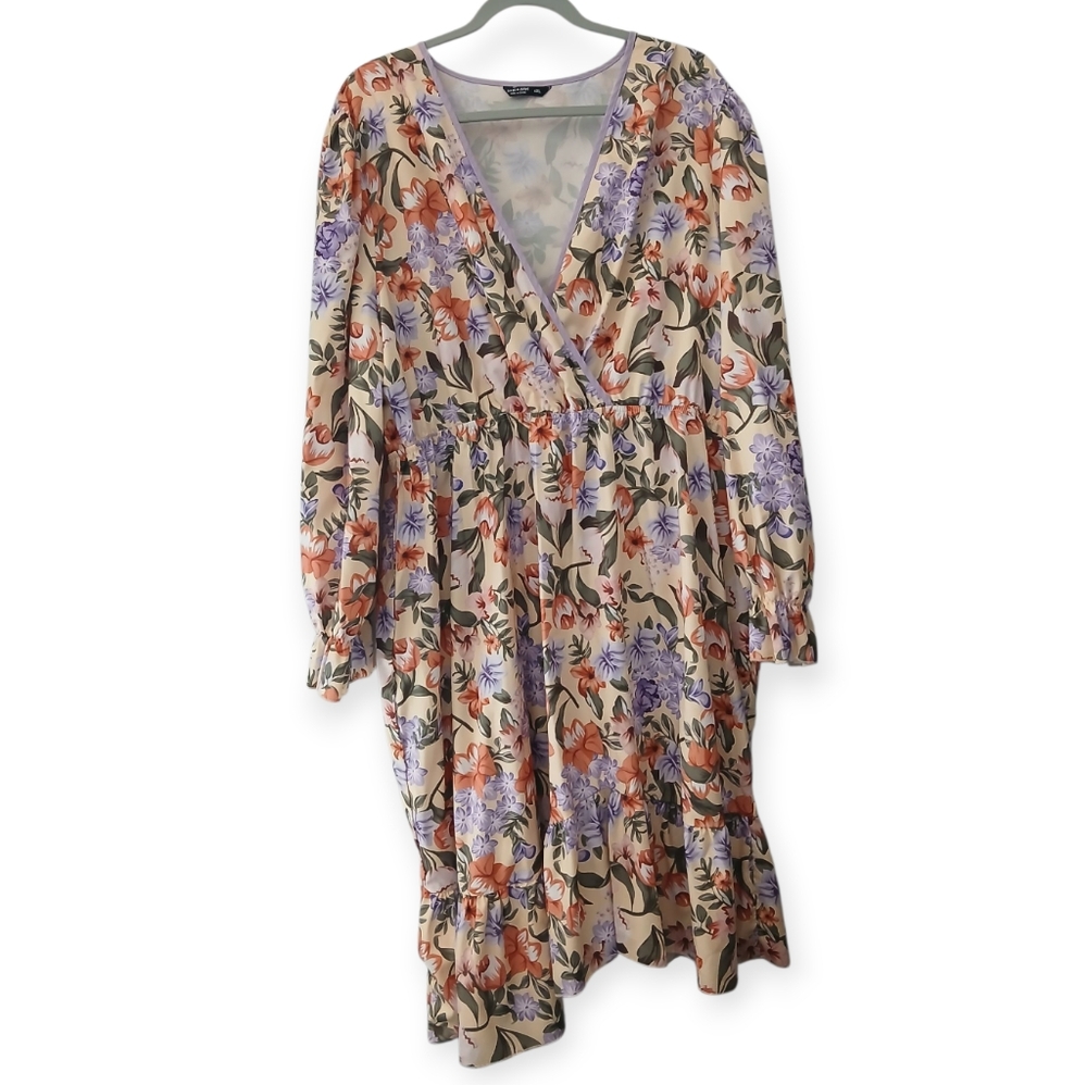 SHEIN Floral Long Sleeve Dress - Cream, Purple, Orange